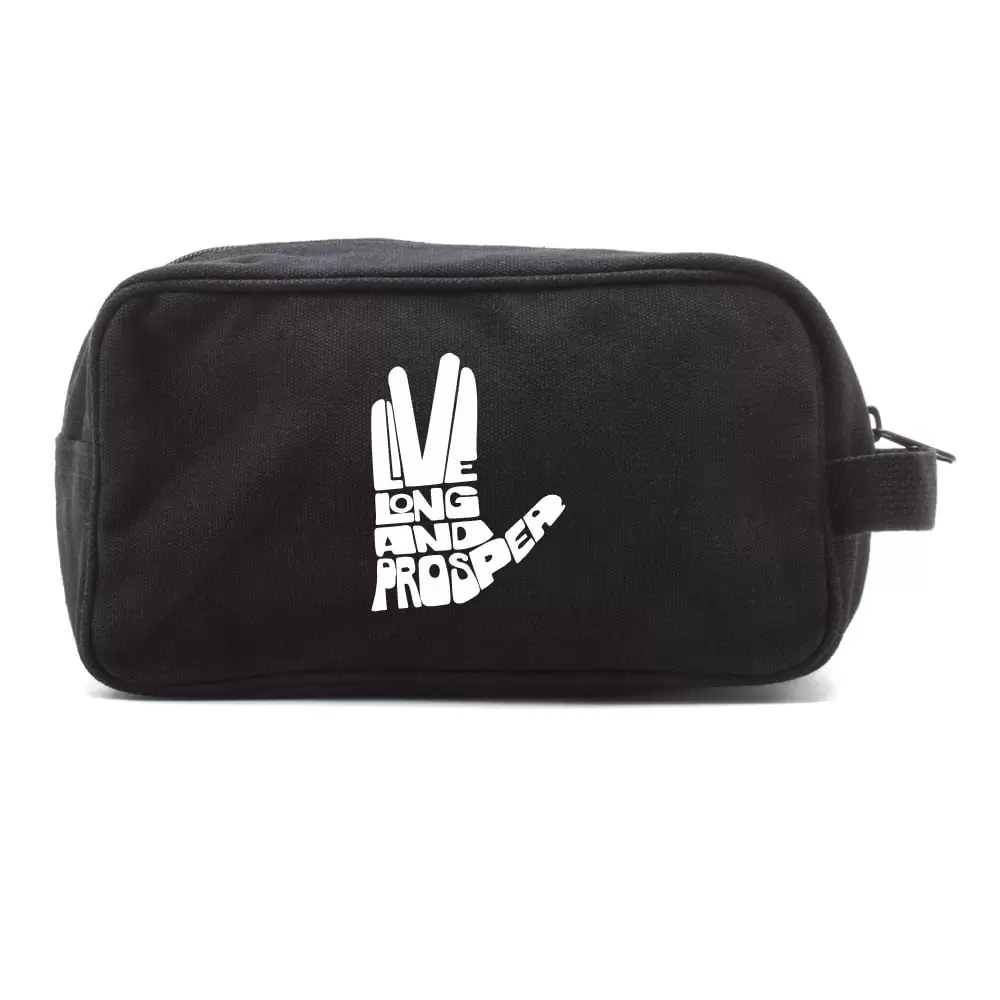 Live Long And Prosper Hand Text Dual Two Compartment Toiletry Kit. Black & White