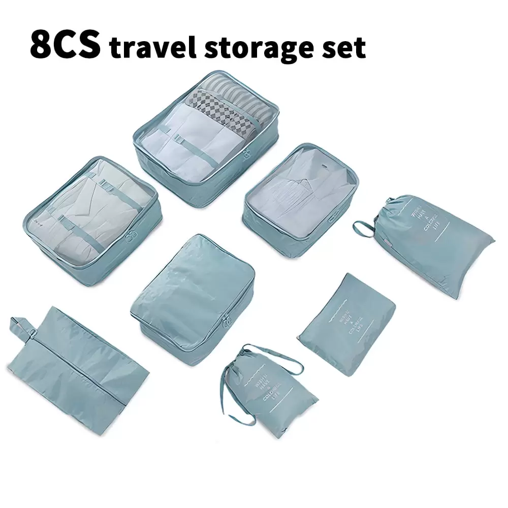 Kizocay Packing Cubes for Travel. 8Pcs Travel Cubes Set Foldable Suitcase Organizer Lightweight Luggage Storage Bag. Blue