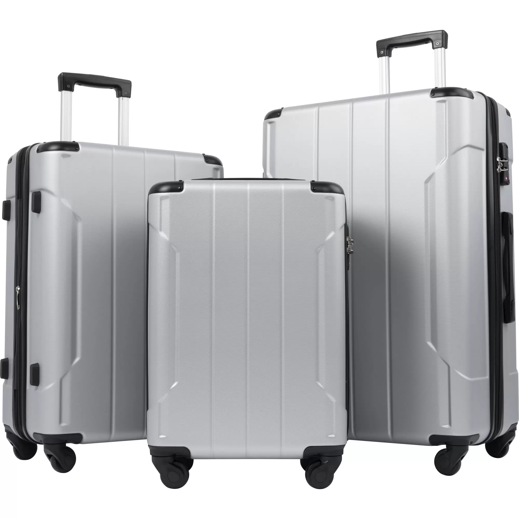 3PCS Luggage Set. BTMWAY New Upgraded Hardshell Luggage Sets. Lightweight Spinner Suitcase with TSA Lock. Expandable Carry on Luggage Set for Family Travel. Long Trip. 20 24'' 28. Silver