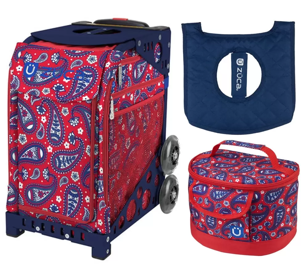 Zuca 18 Sport Bag - Paisley in Red with Lunchbox and Seat Cover (Navy Frame)