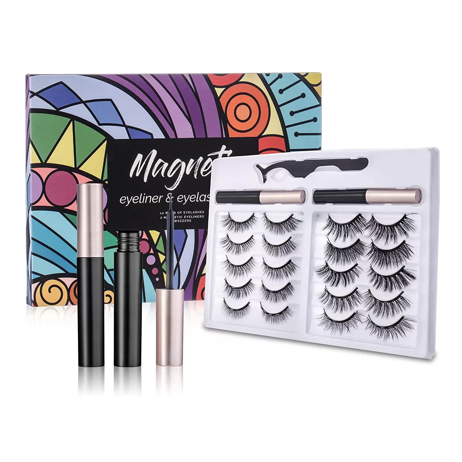 10 Pairs Magnetic Eyelashes with 2 Tubes Eyeliner - Reusable 5D Magnetic Fake Eyelashes Kit. Natural Look.Strong Magnetic.Upgraded False Eyelashes Sets with Tweezers. Waterproof Magnetic Eyeliner