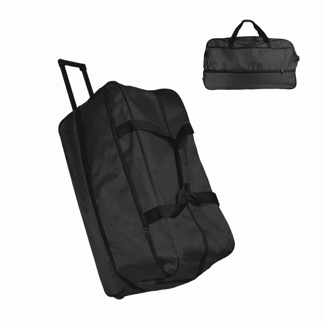 104L Large Luggage Duffle Bag Black with Wheels. 27.5 Extra Large. Foldable. Multiple Handles. Sturdy Overnight Bag Men Women Camping Suitcase