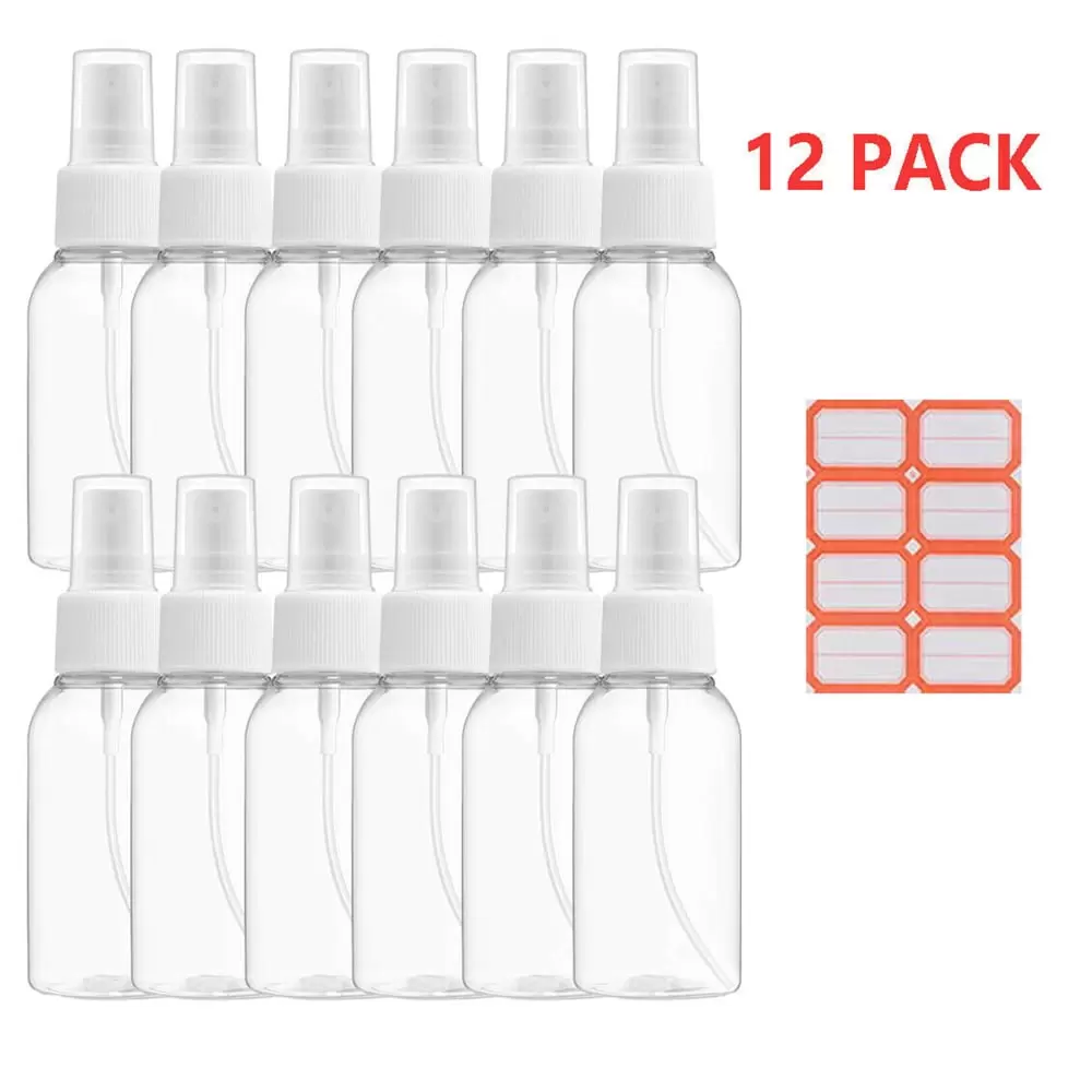 12 Pack Fine Mist Spray Bottle . 2 Ounce Clear Empty Mini Travel Plastic Water Spray Bottles 50ml Small Size Refillable Liquid Containers For Essential Oils