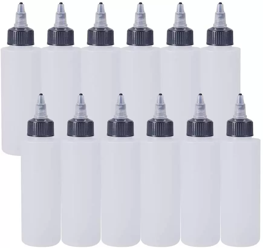 12Pack 4 Ounce Plastic Squeeze Dispensing Bottles with Black Twist Cap Open/Close Nozzle