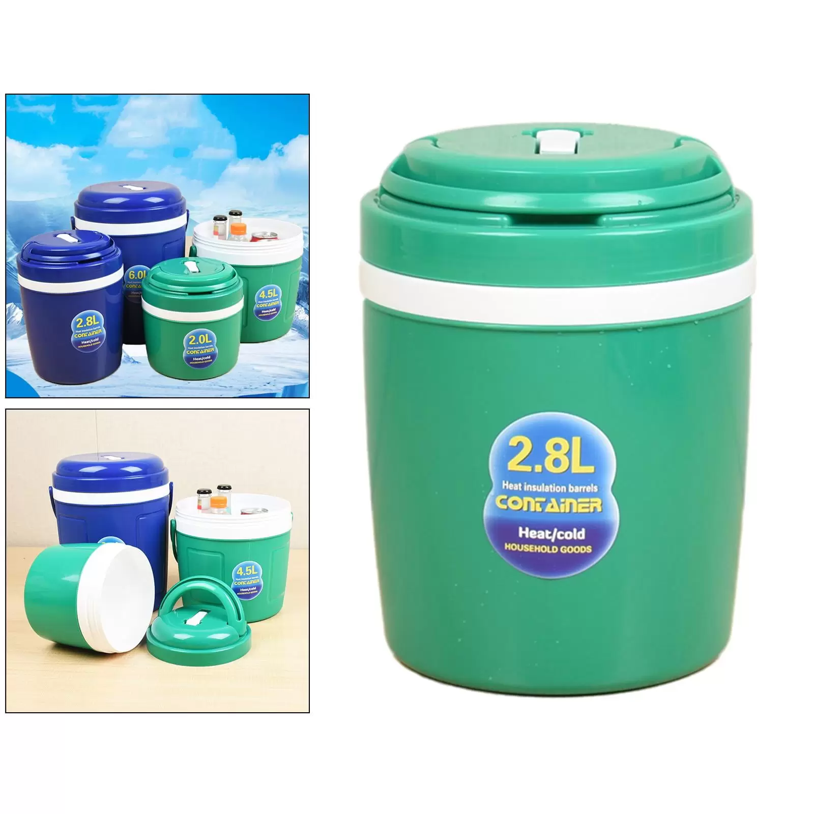 Car Insulated Bucket. Food Heat And Cold. Round Insulated Container. for Travel for Storage - 2.8L Green