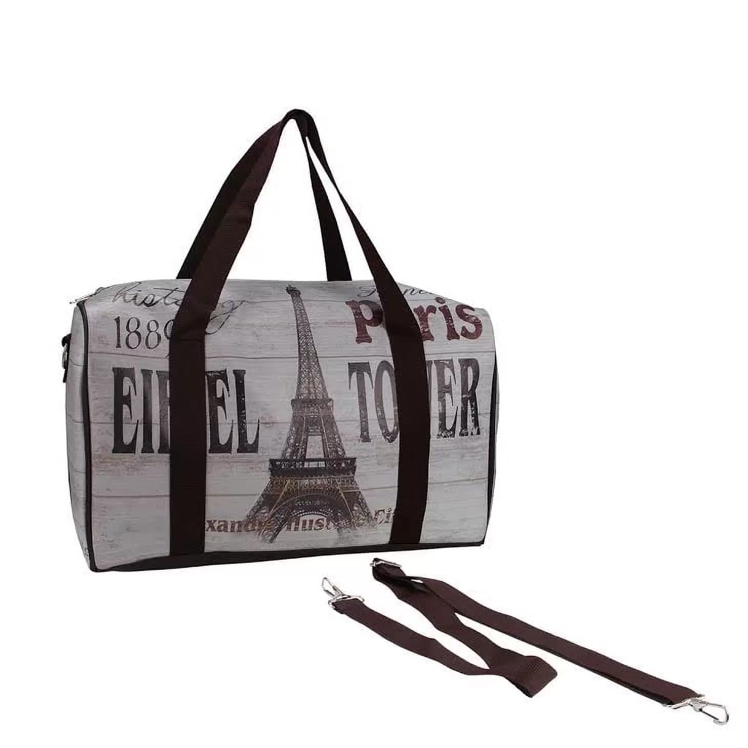 16 Gray Vintage-Style Eiffel Tower French Theme Travel Bag with Handles and Crossbody Strap