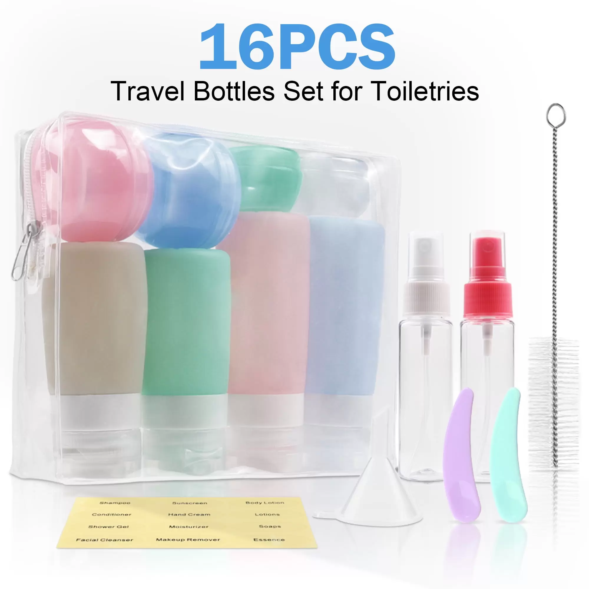 16 Pack Travel Bottles Set for Toiletries. TSA Approved Travel Containers. Leak Proof Silicone Squeezable Travel Accessories. Travel Shampoo & Conditioner Bottles. BPA Free