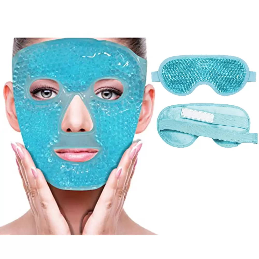 Dicasser Cooling Ice Face Eye Mask for Reducing Puffiness. Bags Under Eyes Sinus Redness Pain Relief Dark Circles Migraine Hot/Cold Pack with Soft Plush Backing Blue(1* Eye Mask+1*Face Mask)