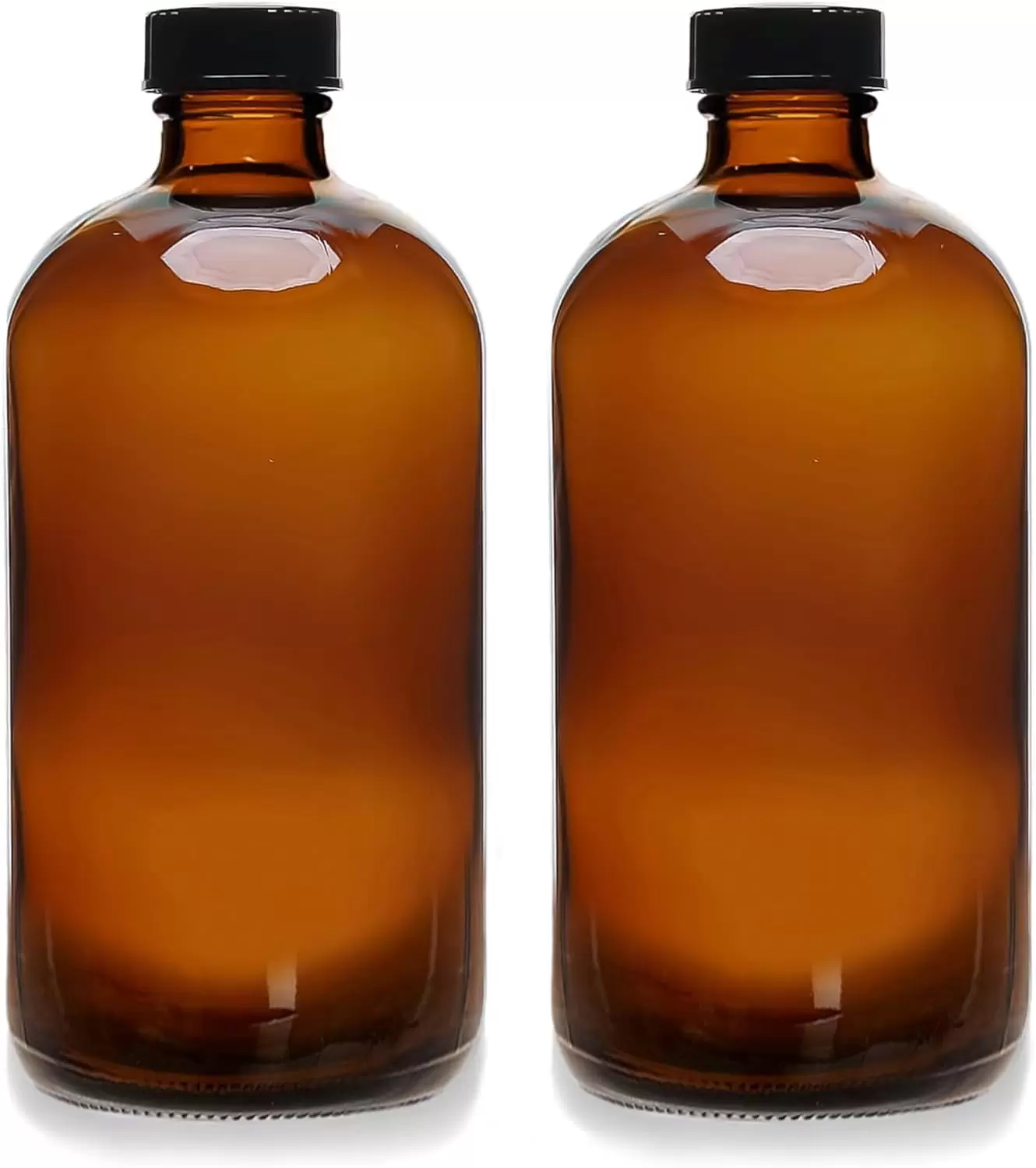 (2 Pack) - 32 oz Amber Glass Boston Round Bottles with Black 33-400 Airtight Phenolic Polycone Caps