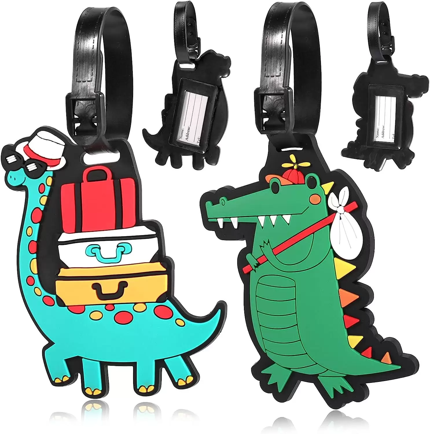 2 Pack Luggage Tags. Lovely Secure Green Dinosaur Quickly Spot Luggage Tags with Name ID Card for Travel Suitcase. Silicone Baggage Labels Suitcase ID Tag Set for Kids