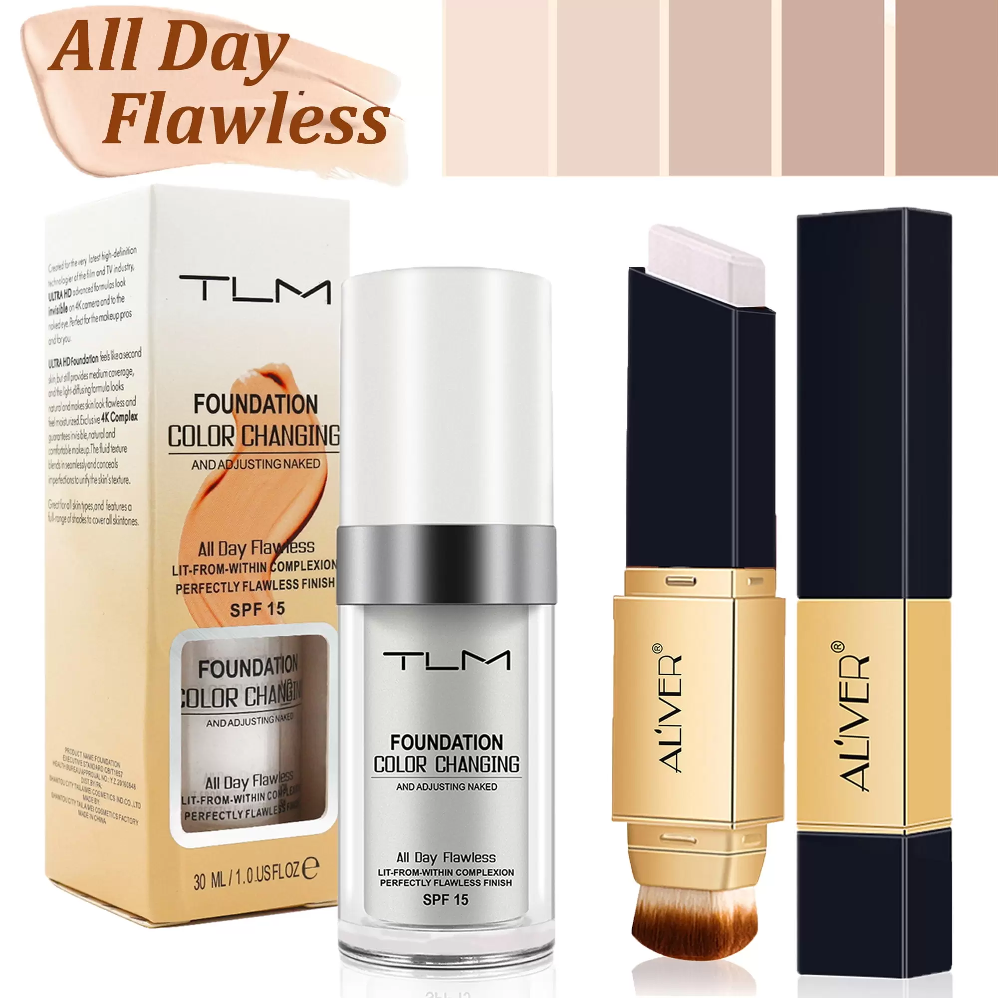 (2 Pack) TLM Color Changing Liquid Foundation + Aliver Concealer Stick.Flawless Makeup Base Concealer Cover SPF15