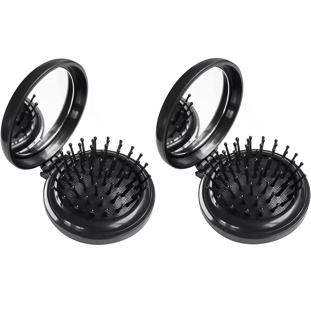 2 Pack Travel Hair Brush with Mirror Compact Pocket Size. Folding Mirror Mini Pop Up Hairbrush Set. Pocket Brush Hair Massage Comb - Black