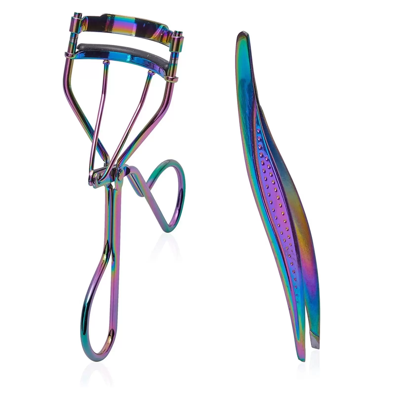 2 Pcs Eyelash Curler Kit. Metallic Rainbow Lash Curler and Eyebrow Tweezers for Facial Hair Removal. Women