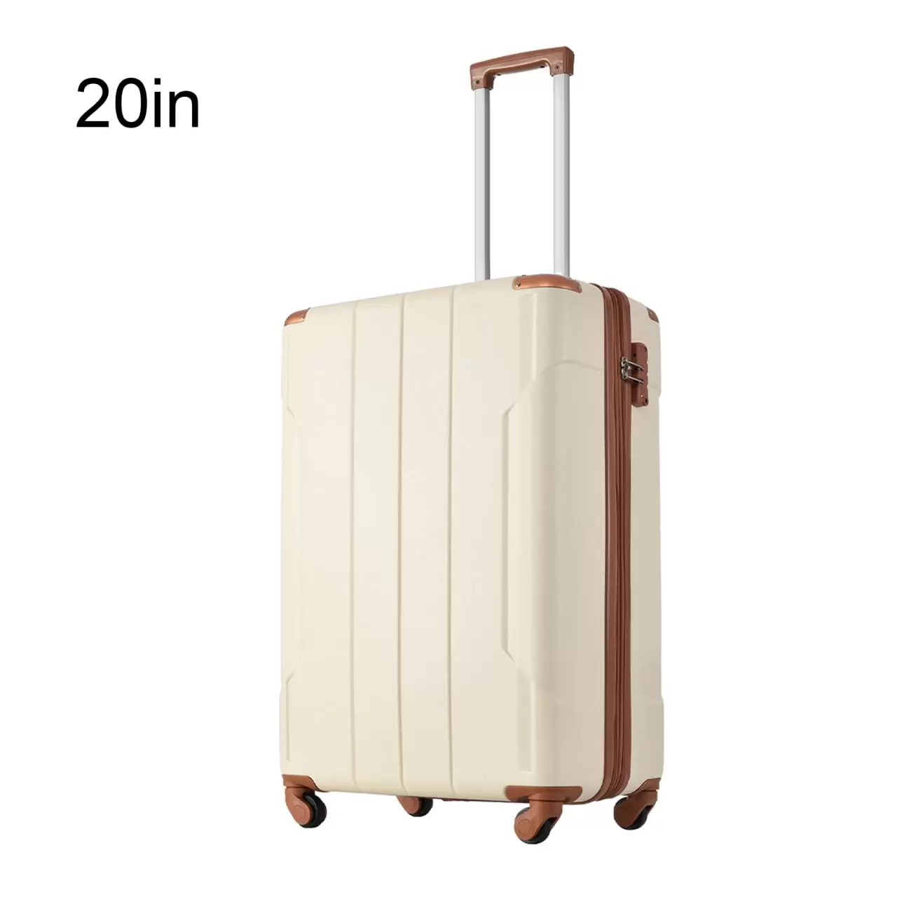 20-Inch Hardshell Luggage with Secure Lock. Single Travel Suitcase with Spinner Wheels. Carry On Luggage Suitcase with Adjustable Telescoping Handle. Brown white