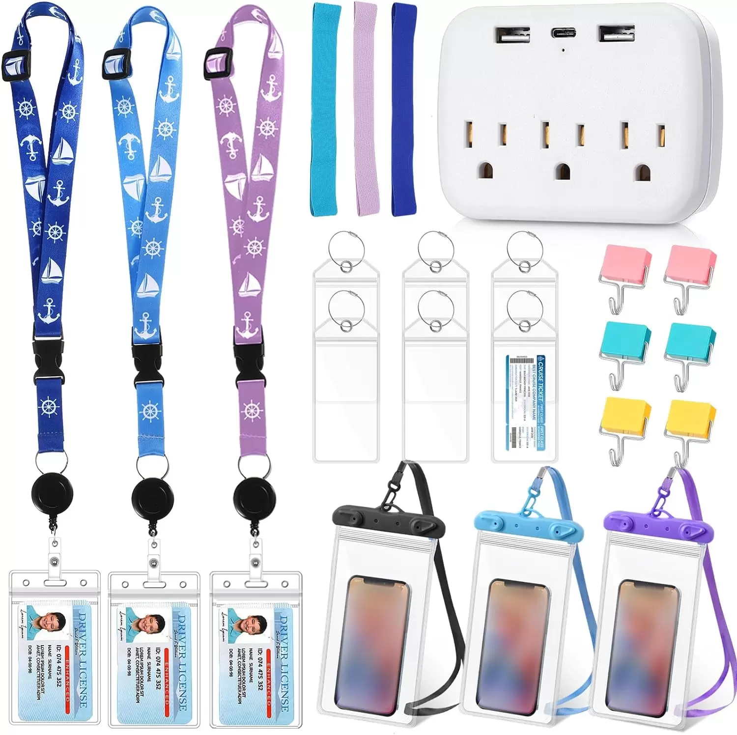 22 Pcs Carnival Essentials Cruise Accessories Kit Include Cruise Luggage Tags Holder Cruise Lanyards for Ship Card Magnetic Hook Waterproof Phone Bag Towel Band and Power Strip(Bright Color)