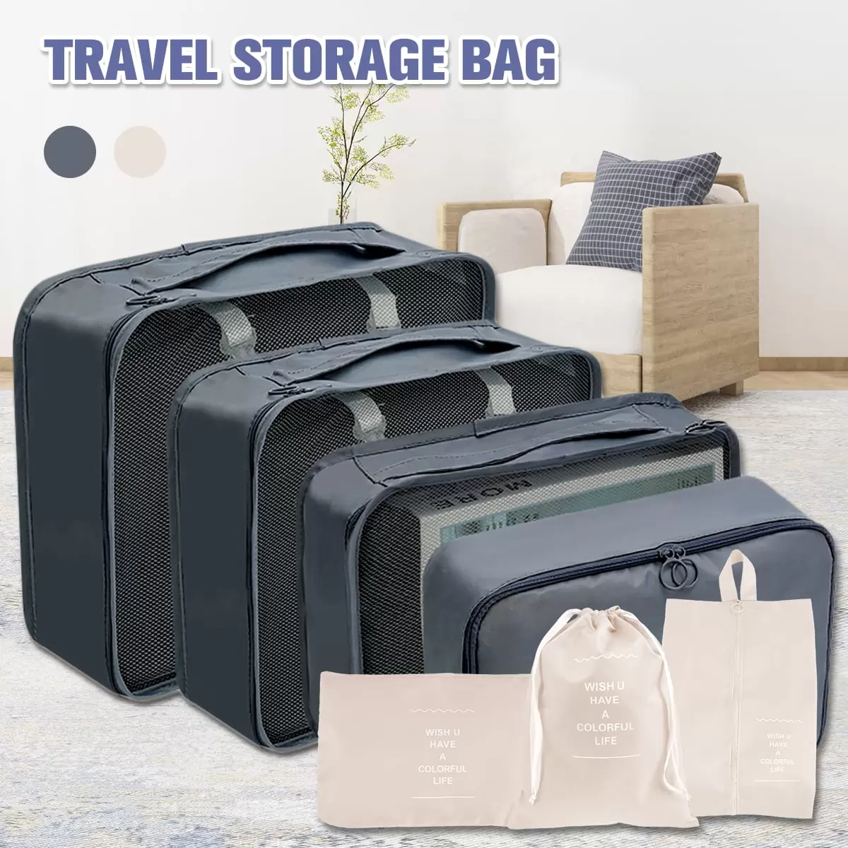 Mamamax 7 Pcs Packing Cubes for Travel.Travel Cubes Set Foldable Suitcase Organizer.Waterproof Large Capacity Packing Organizer Pouch.Suitable for Traveling Camping Hiking(Beige)