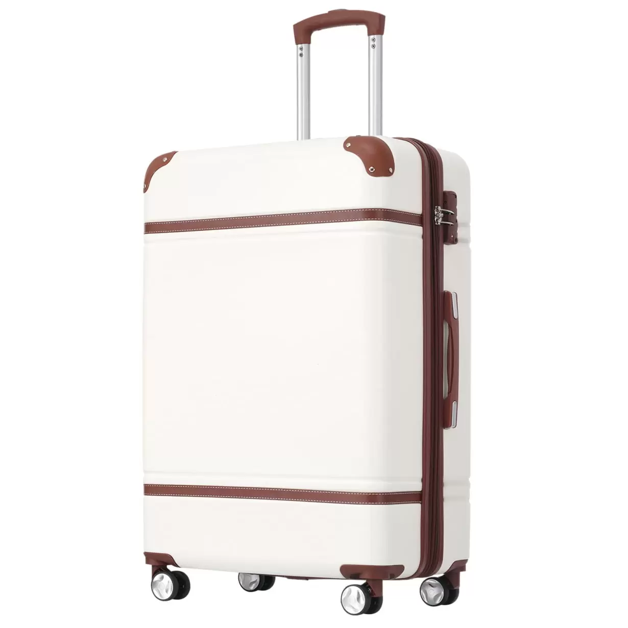 24-Inch Vintage Luggage with Secure Lock. Expandable Luggage Travel Suitcase with Silent Spinner Wheels. Leather Belt Design. White