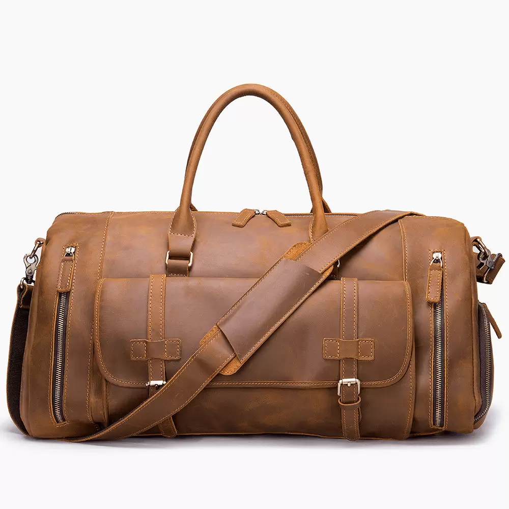 GENMARKS Deluxe Duffel Bag. Leather Travel Bag with Shoulder Straps. Brown. 4.4 lb and 6.3 lb