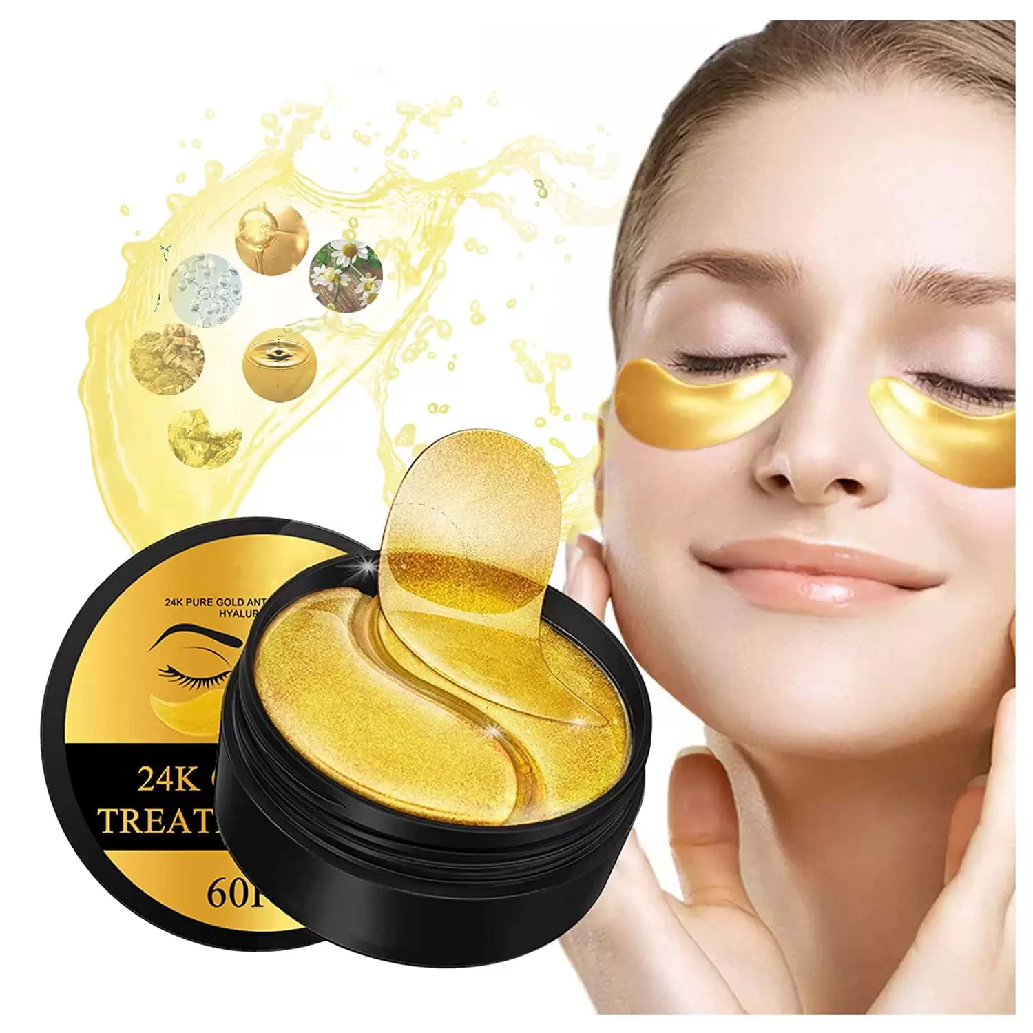 24K Eye Mask. 60 PCS Gold Under Eye Mask.Eye Skin Care Pads With Collagen.Eye Gel for Anti Aging.Dark Circles. Under Eye Bags. Repair wrinkles