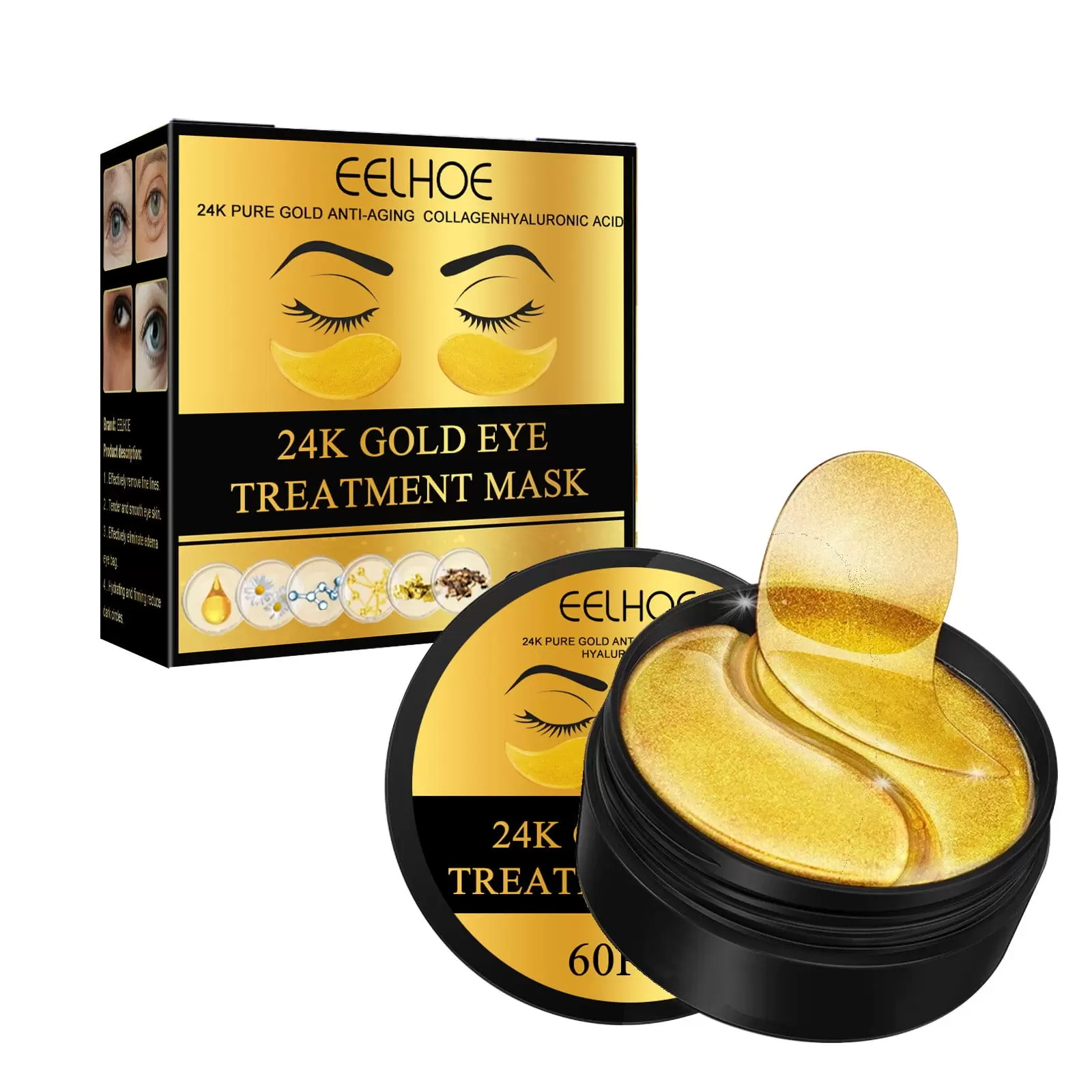 24K Gold Eye Mask 60PCS - Under Eye Patches Golden Under Eye Mask For Dark Circles And Puffiness Bags And Wrinkles With Collagen Relieves Pressure And Reduces Wrinkles Revitalises 10ml 3PCS