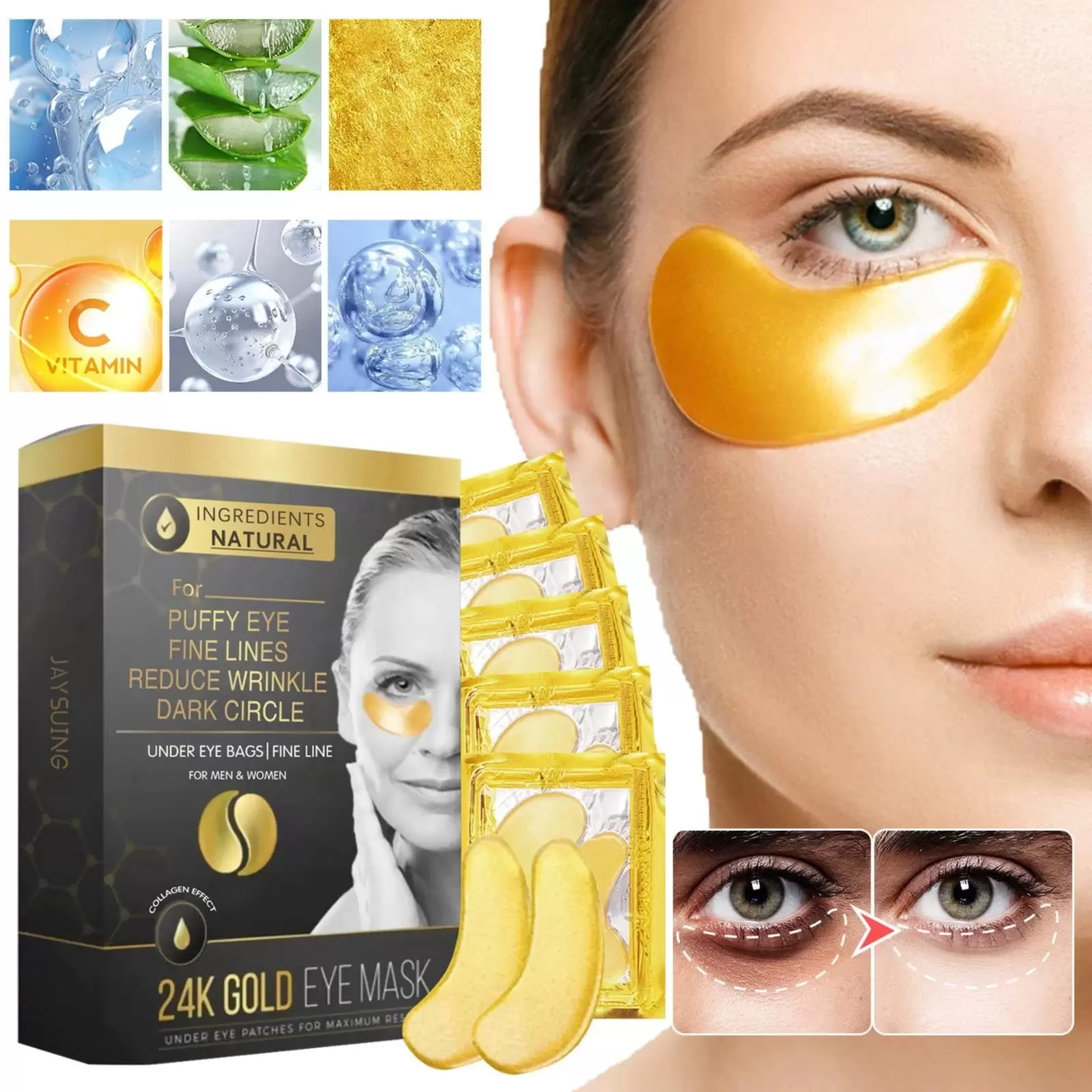 24K Gold Eye Mask Under Eye Collagen Patch. 24K GOLD ANTI-AGING MASK. Pads For Puffy Eyes & Bags. Dark Circles and Wrinkles. With Hyaluronic Acid. Hydrogel. Deep Moisturizing Improves Elasticity