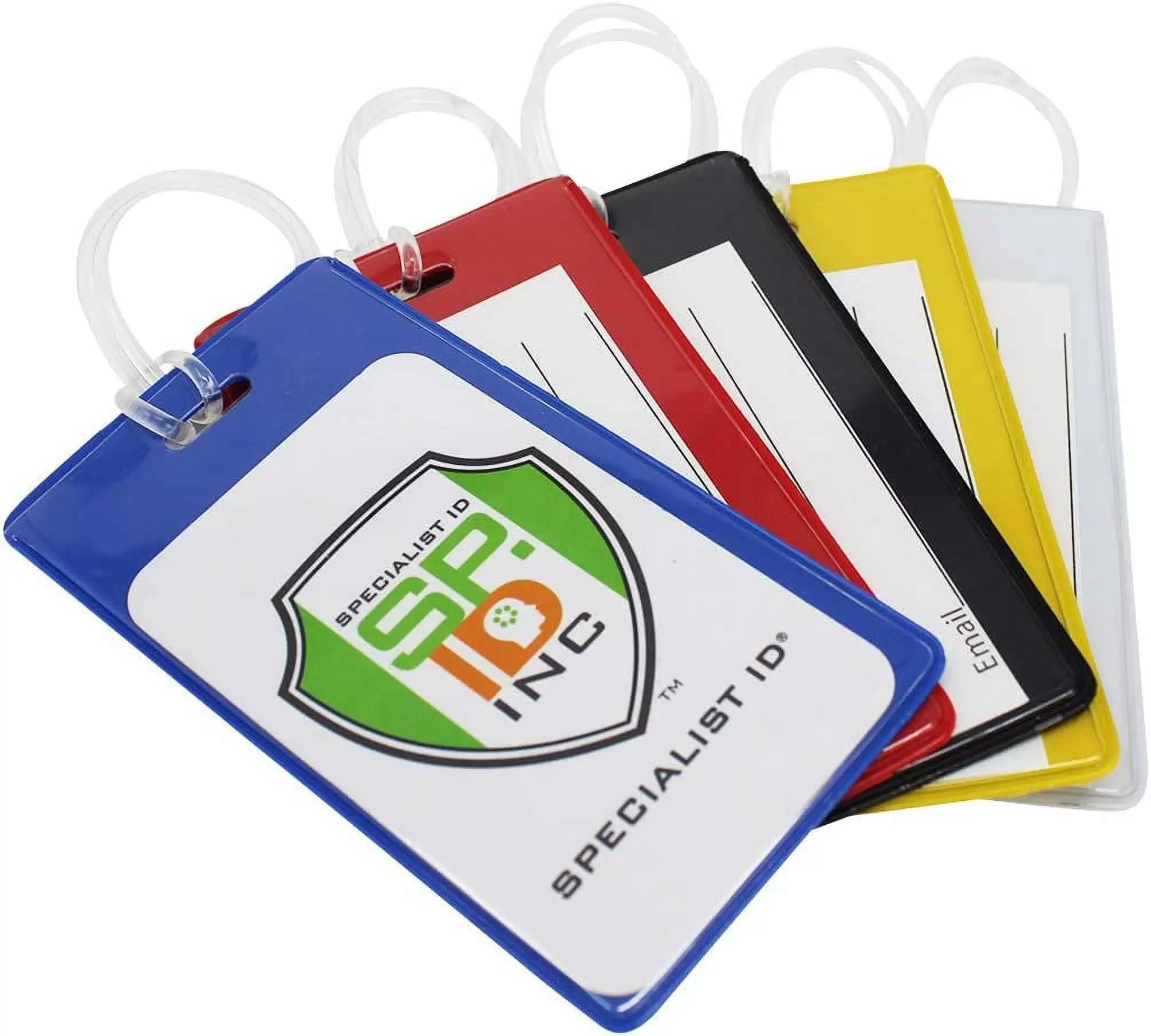 25 Pack - Backpack ID Luggage Tags for Student Identification Cards - School Name Badge Holder for Backpacks - Business Card Size - Sturdy Suitcase Tags/Clear Window Specialist ID (Assorted Colors)