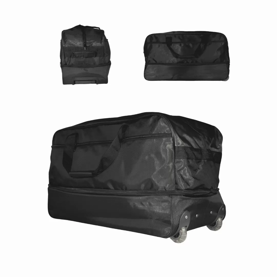 27.5 Duffle Suitcase Bag with Wheels. Expandable to 104 L. Foldable. 2 Pockets. 3 Carry Handles. Rugged. Travel Overnighter Camping Sports Men Women Unisex