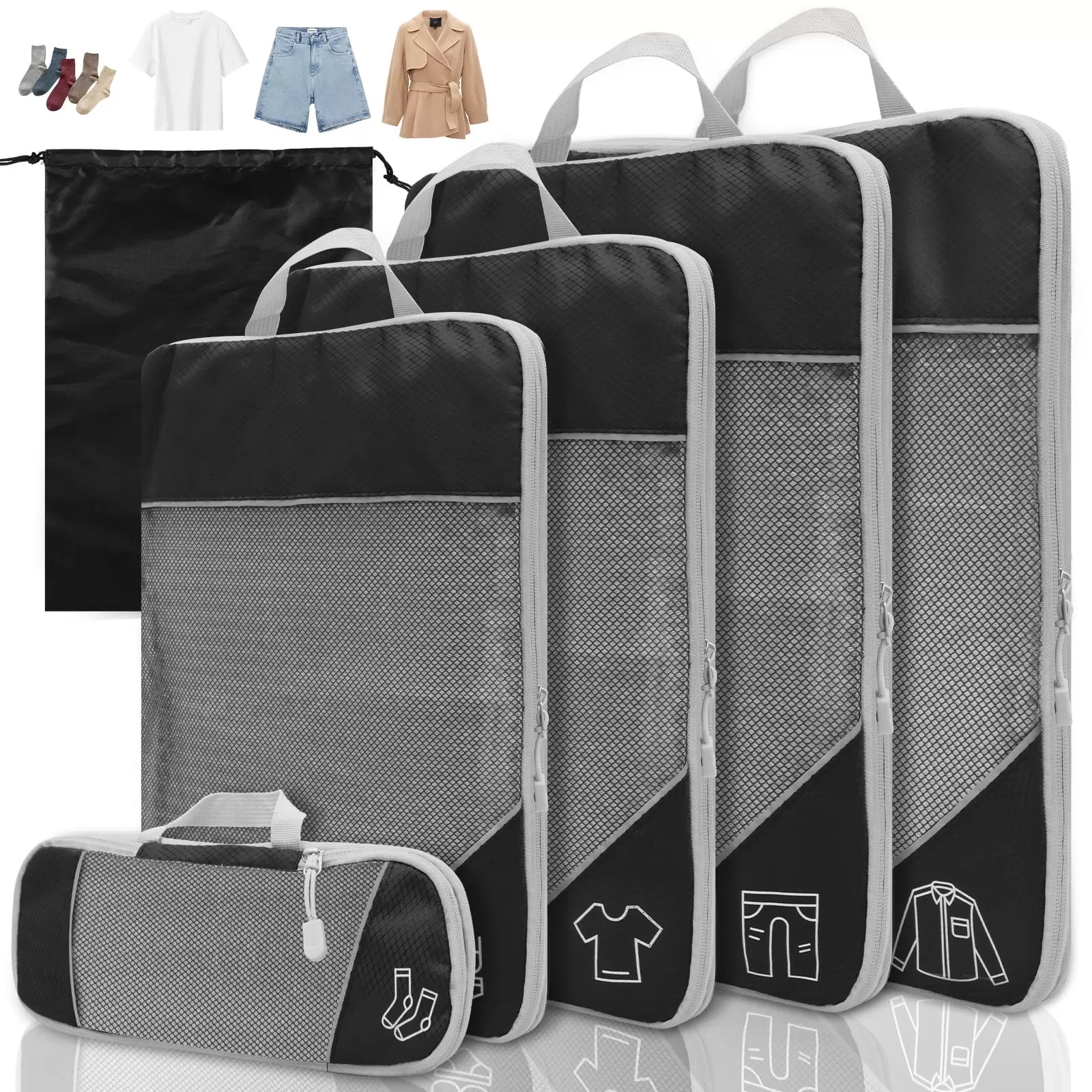 Adifare 5Pcs Compression Packing Cubes Lightweight Durable Travel Packing Cubes with Storage Bag Nylon Luggage Suitcase Organizer Bags for Travel