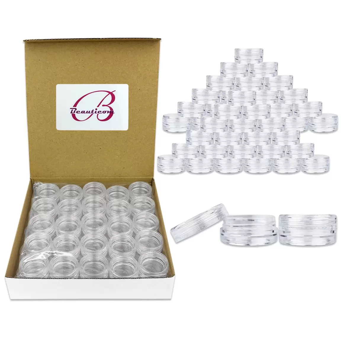 Beauticom 50 Pieces High Quality 3 Gram 3 ml (0.1 oz) Plastic Round Cosmetic Beauty Makeup Sample Jars (Clear)