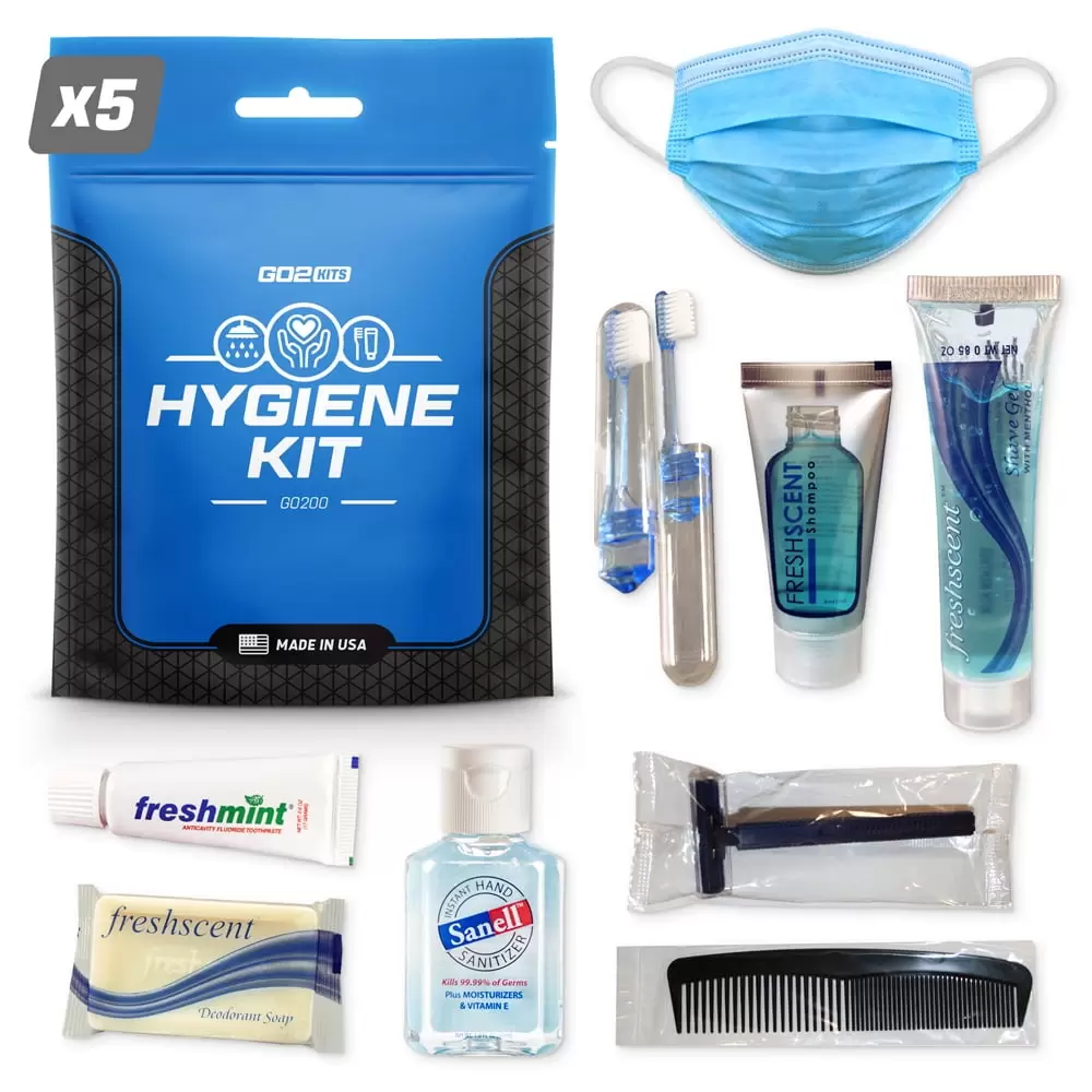 Go2Kits 5-Pack PPE Hygiene Toiletry Kits for Travel. Business. Charity. School for Men and Women