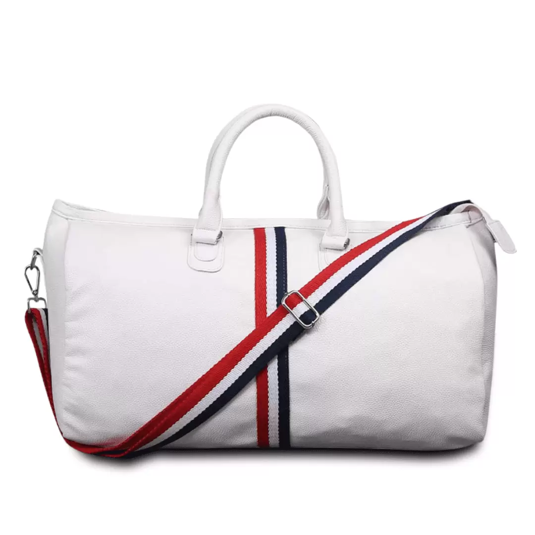 STRUTT White Duffel Bag with Red and Blue Stripes. Lightweight. Spacious. Collapsible with Detachable Shoulder Straps