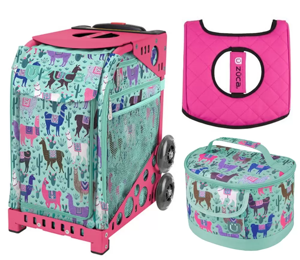 Zuca 18 Sport Bag - Llama Rama with Lunchbox and Seat Cover (Pink Frame)