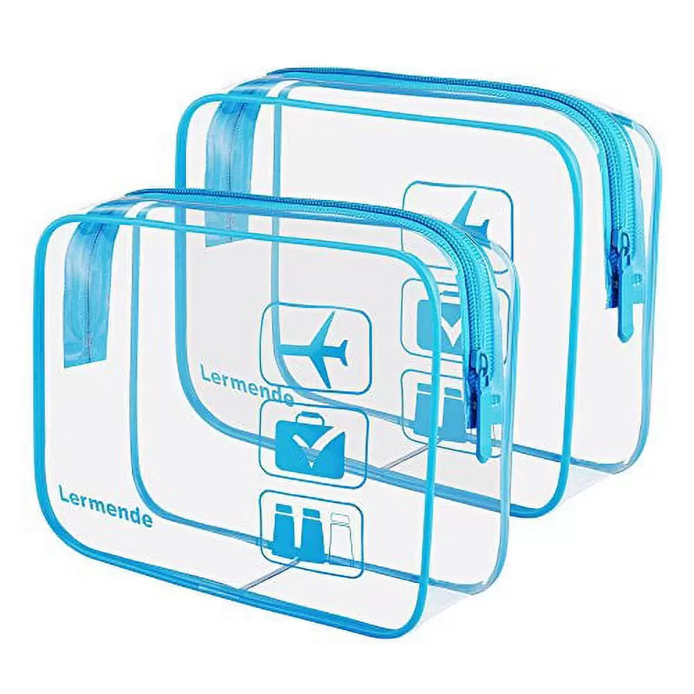 2pcs/pack Lermende Clear Toiletry Bag. Clear Makeup Bag for Women & TSA Approved Toiletry Bag Travel Carry On Airport Airline Quart Sized Clear Cosmetic Bag - Blue