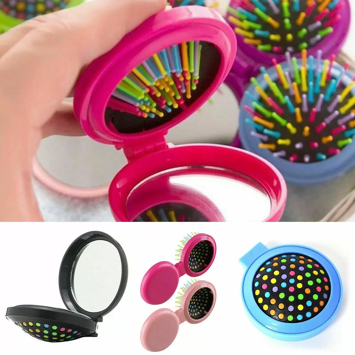 3 Pack Folding Hairbrush With Mirror Compact Pocket Size Travel Car Purse