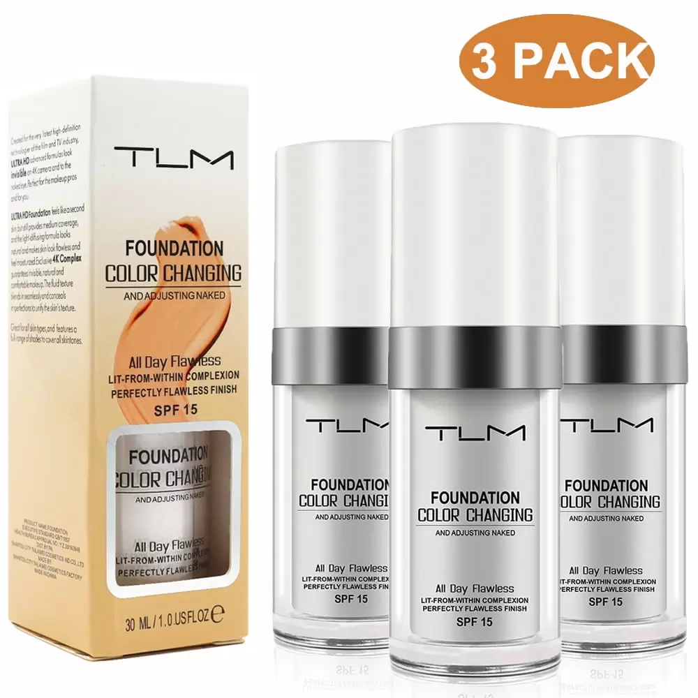 3 Pack TLM Color Changing Foundation. All Day Flawless Finish Liquid Base Makeup Nude Face Concealer Cover Cream SPF 15