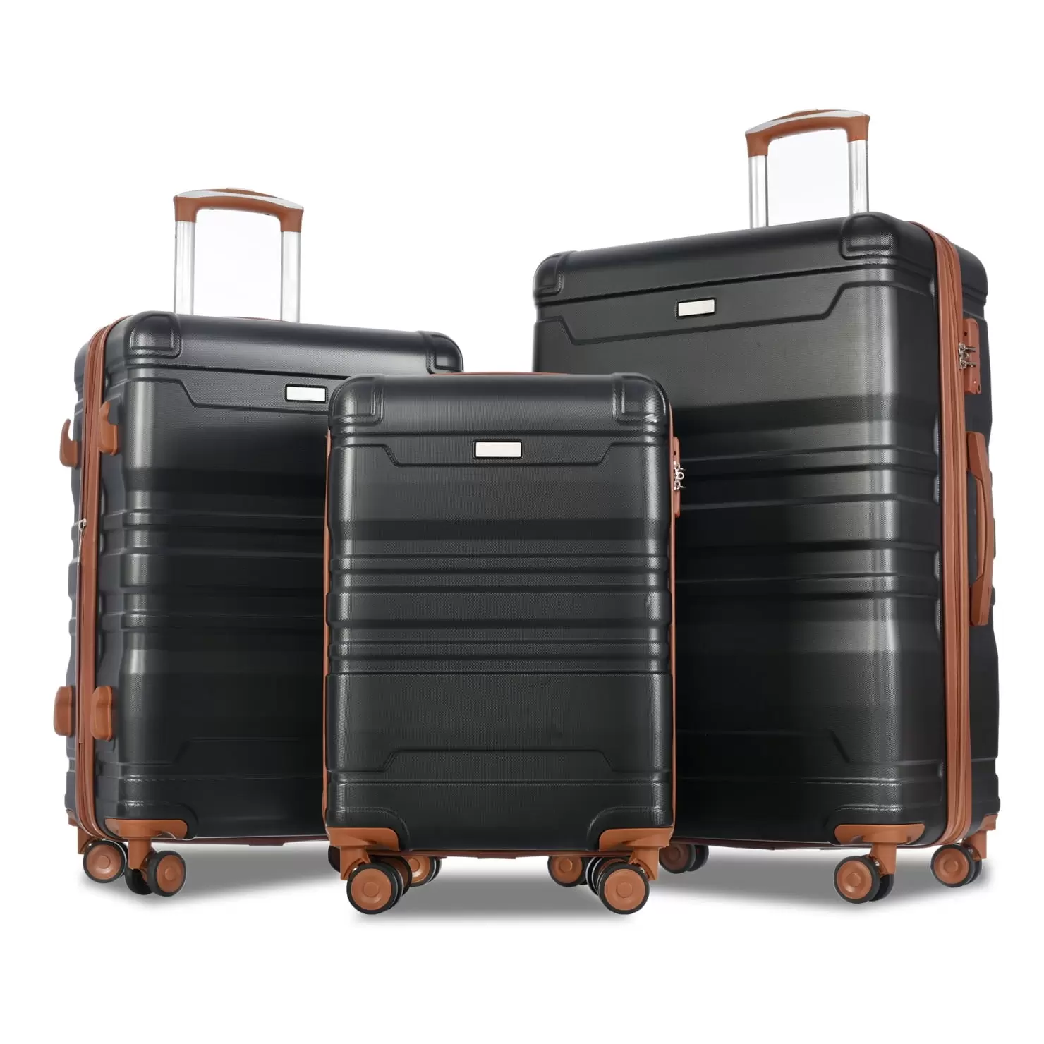 3 Pcs ABS Luggage Sets(20''24''28'') with TSA Lock and Silent 360-Degree Rotating Wheels. Expandable(Only 24''28'') Suitcase with Side Hooks for Journey. Black+Brown