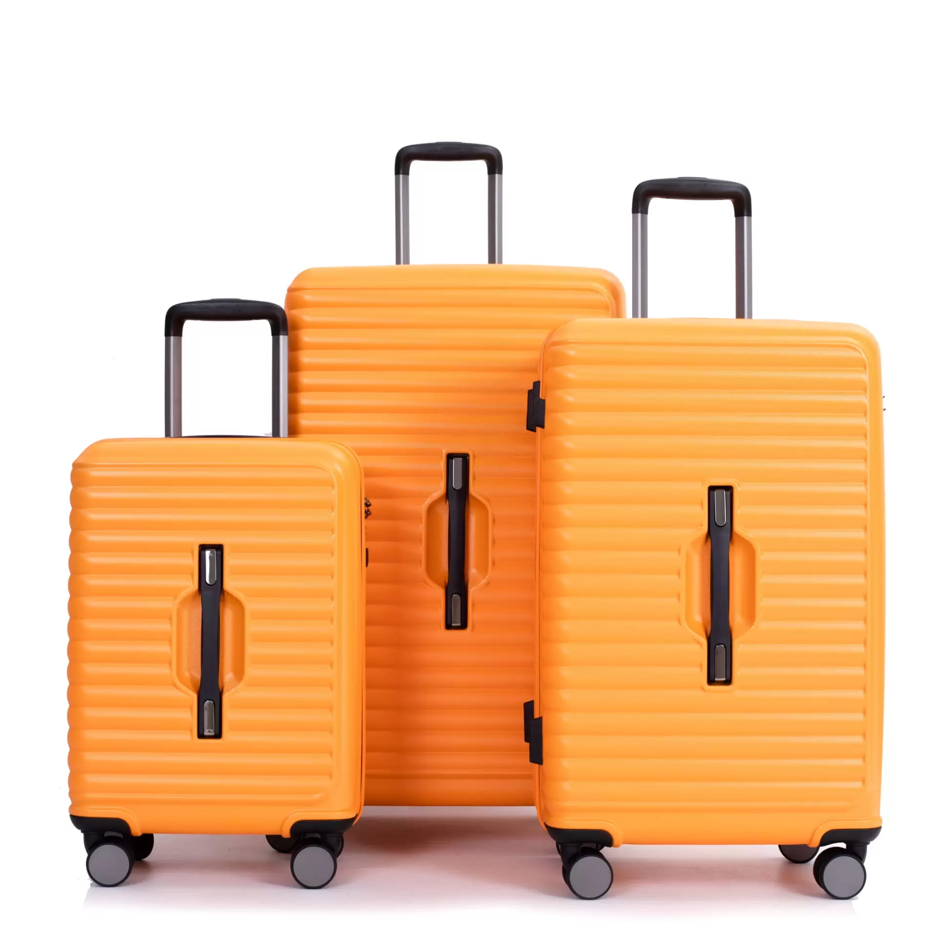 3 Piece Carry on Dopamine Hardside Luggage Sets(20/24/28). PC & ABS Lightweight Suitcase with 2 Hooks. 360 Degree Double Spinner Wheels. Telescopic Handle and TSA Lock. Orange