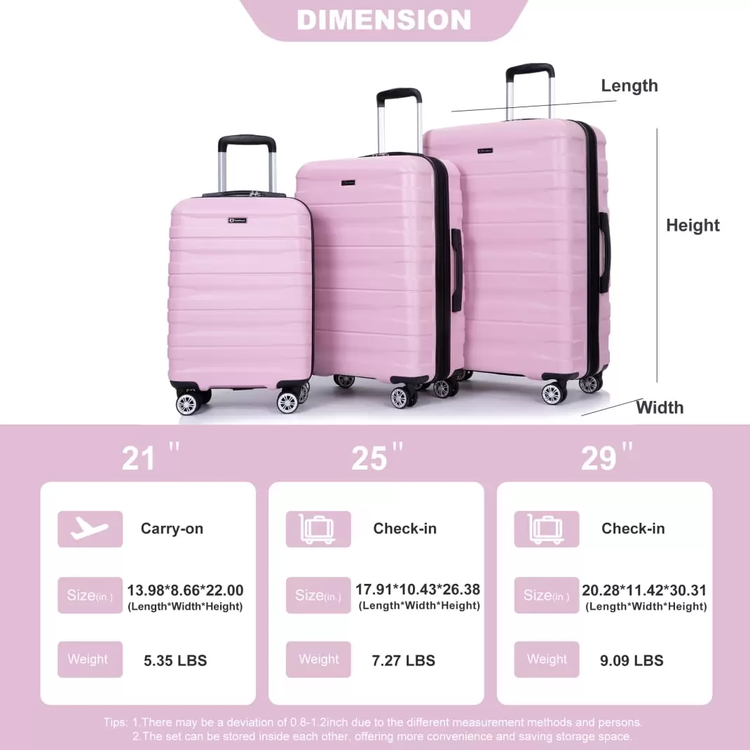 3 Piece Expandable Luggage Sets. PC Lightweight Suitcase with Two Hooks. Double Spinner Wheels. TSA Lock. 21/25/29 Luggage Set of 3 for Travel and Storage. Pink