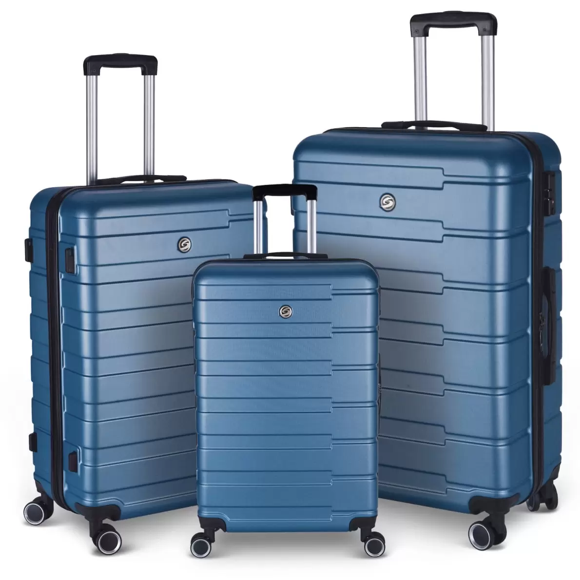 3 Piece Large Hard Shell Luggage Case with TSA Lock and Spinner Wheels. Portable Travel Suitcase with Adjustable Handle and Hooks. Carry On Luggage for Women Men. 20/24/28 Inch. Blue