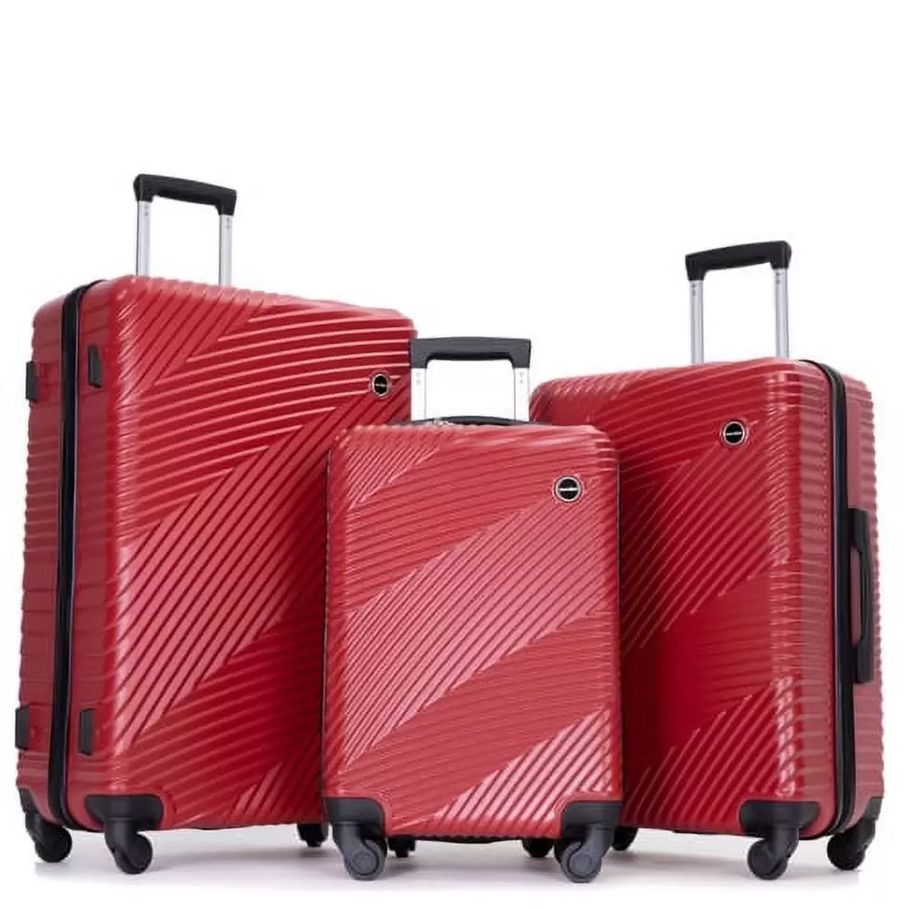 3 Piece Luggage. 20in/24in/28in Durable Luggage Set. Lightweight Suitcase with Hooks. Spinner Wheels Stripe Luggage Sets (Red)