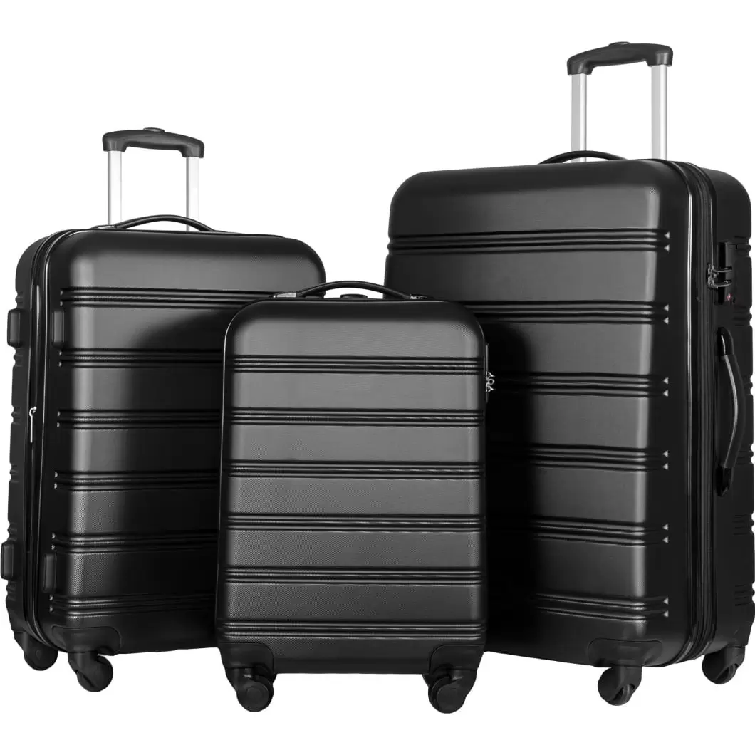 3 Piece Luggage Set. 20/24/28 Hardside Suitcase with TSA Lock & Spinner Wheels. Expandable Lightweight Case Luggage. Black