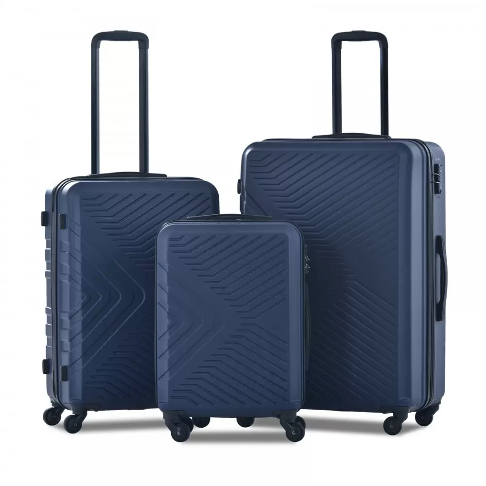 3-Piece Luggage Sets. 20 Inch. 24 Inch and 28 Inch Lightweight Travel Suitcases with Spinner Wheels. Adjustable Pull Rod and Secure TSA Lock. ABS Case. Navy