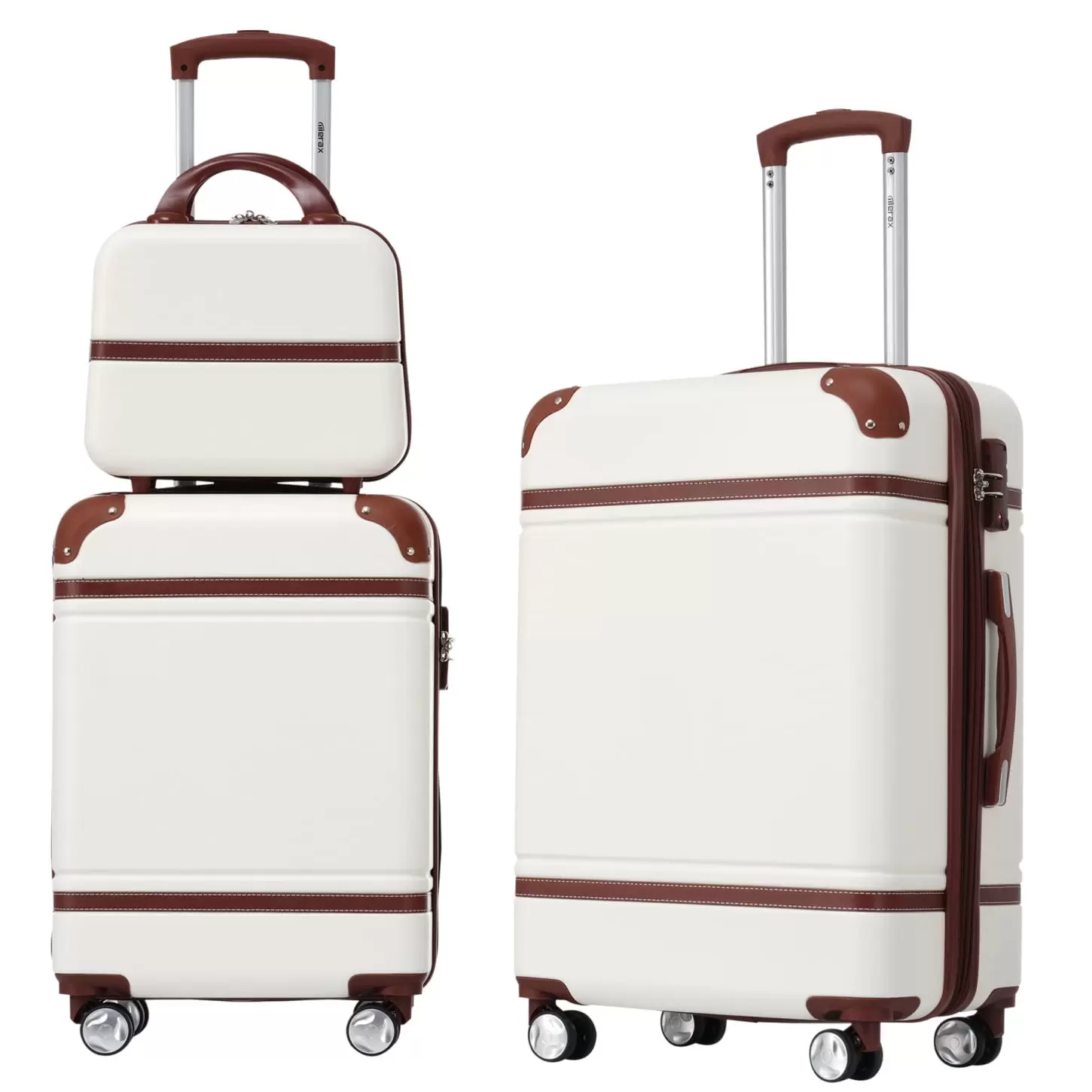 3 Pieces Hardshell Luggage Set. Expandable Spinner Suitcase with Leather Belt and Secure TSA Lock. Home Travel Case with Mute Wheels and Wrapped Corner. White. (20+24 Luggage and Mini Cosmetic Case)