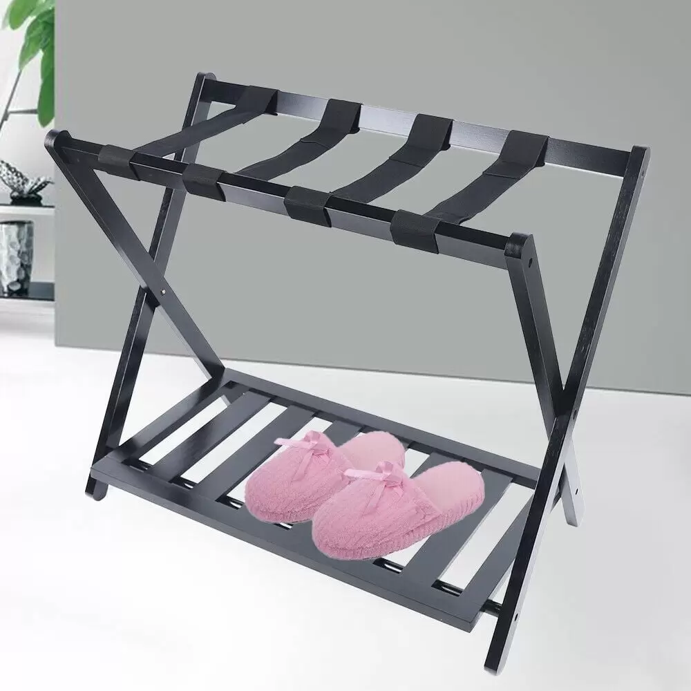 OUKANING Double Layer Foldable Luggage Rack Double Layer Shoe Rack Luggage Storage Rack Black