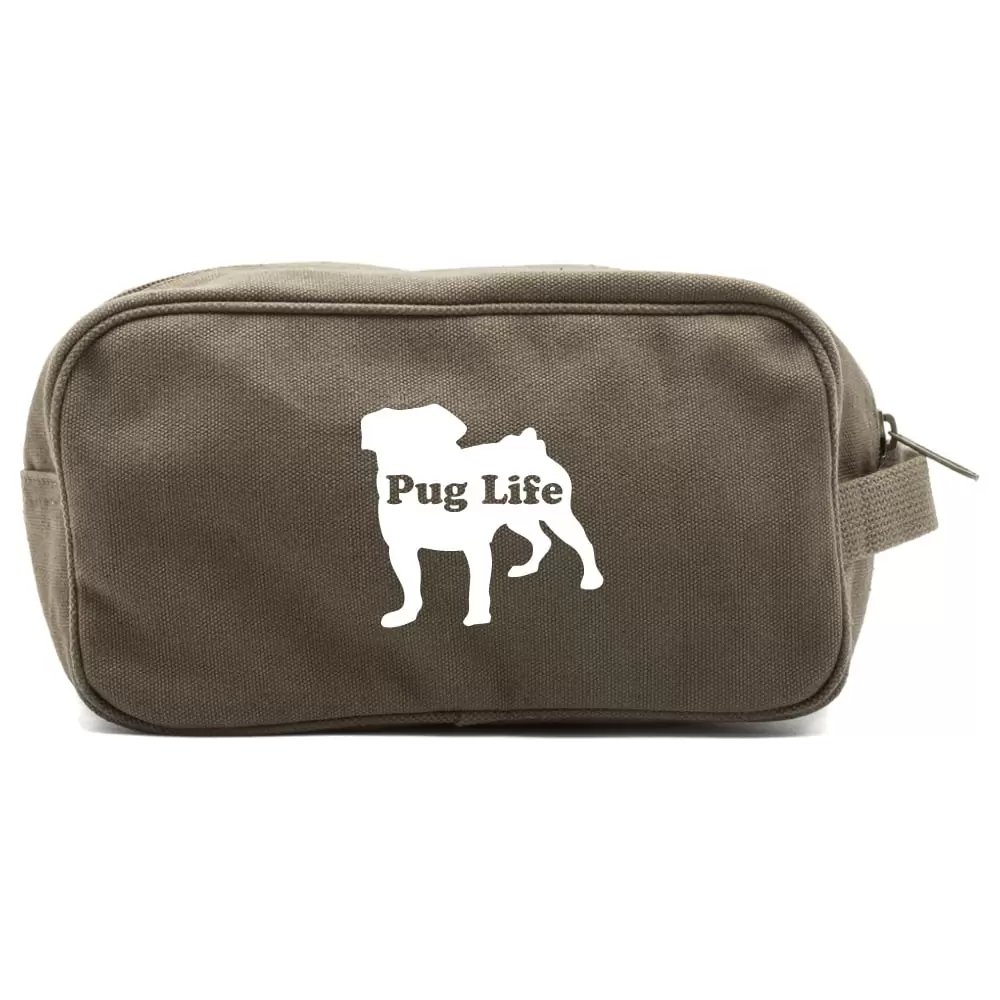 Pug Life Puppy Canvas Dual Two Compartment Travel Toiletry Dopp Kit Bag in Olive