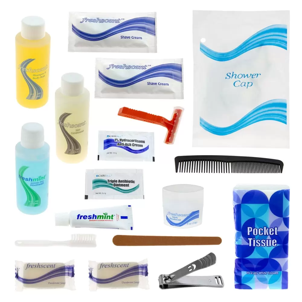 Wholesale 19 Piece Hygiene & Toiletry Kit for Men. Women. Travel. Charity - Bulk Case of 24