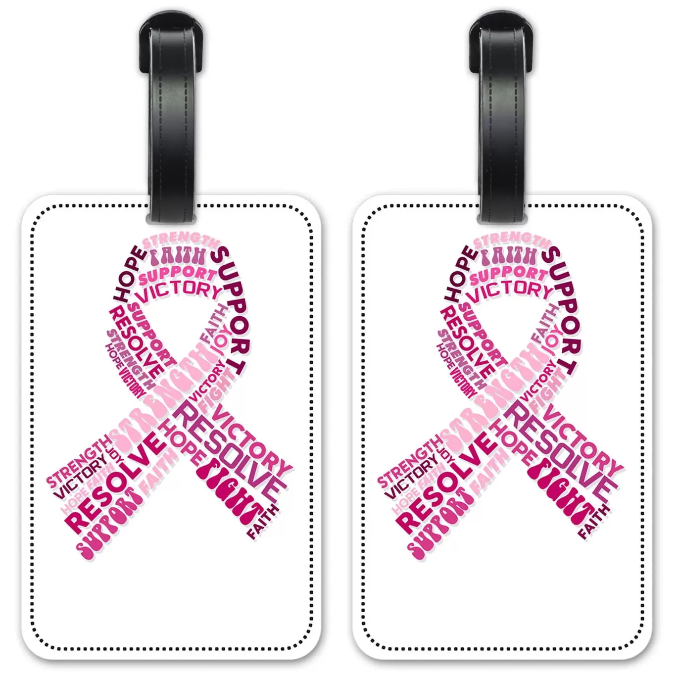 Breast Cancer Word Ribbon - Luggage ID Tags / Suitcase Identification Cards - Set of 2