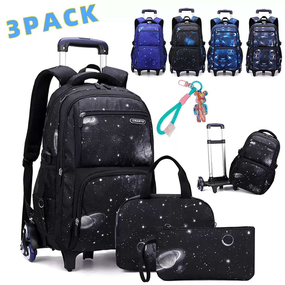 3PCS Boys Rolling Backpacks Kids' Luggage Wheeled Bags Kids Trolley School Bags Space Starry Sky Printed Durable Bookbag with Lunch Bag