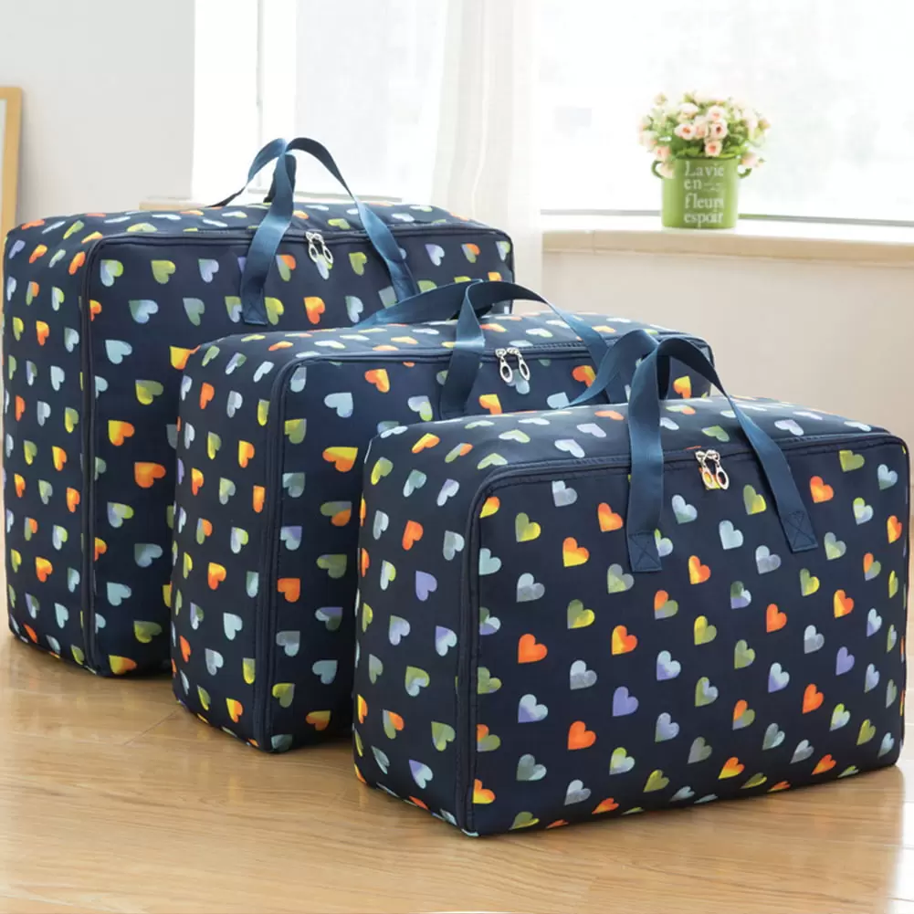 3Pcs/Set Large Capacity Oxford Storage Bag for Quilt Cloth Travel Luggage Container Navy love M+L+XL