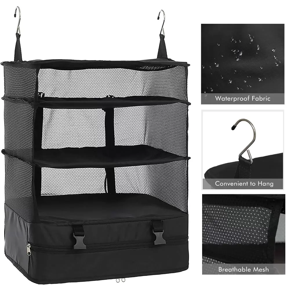 Travel Garment Packing Luggage Organizer Collapsible Compartment Hanging Closet for Wardrobe Carry On Roller Bag Suitcase Black